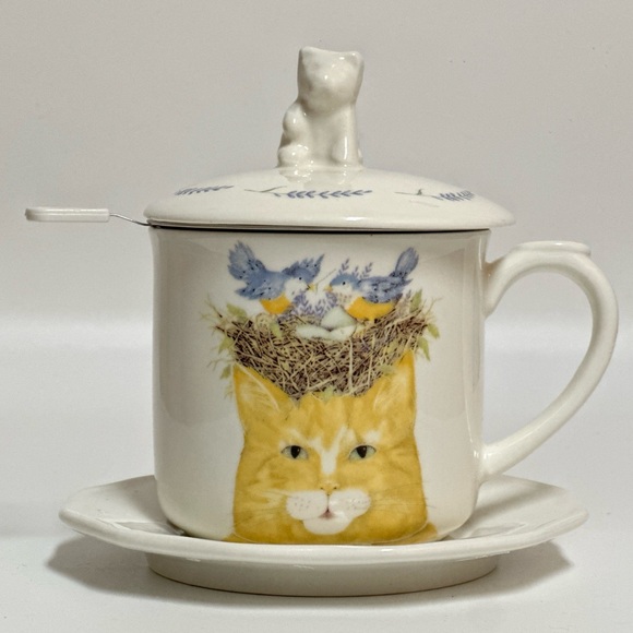 Creative Co-Op Other - Creative Co-Op Cat Bird Nest Tea Mug Set Mary Lake-Thompson Infuser Dish
